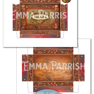 May include: Printable template for a cigar box with a vintage design. The box is made of wood with a red leather-like exterior and intricate carvings. The lid features a label that reads "Emma Parrish Cigars".