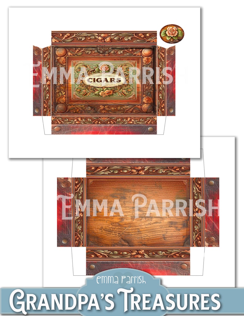 May include: Printable template for a cigar box with a vintage design. The box is made of wood with a red leather-like exterior and intricate carvings. The lid features a label that reads "Emma Parrish Cigars".