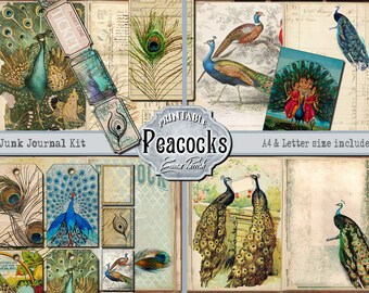 Peacock Junk Journal Kit, Bird Printable Pages, Blue Green Vintage Ephemera Digital Download Paper, Vintage Peacock Download Scrapbook Kit