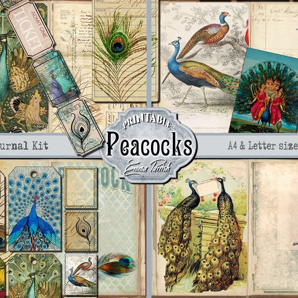Peacock Junk Journal Kit, Bird Printable Pages, Blue Green Vintage Ephemera Digital Download Paper, Vintage Peacock Download Scrapbook Kit