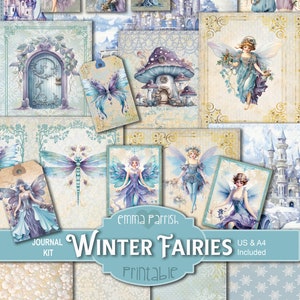 Winter Fairies Printable Junk Journal Kit, Blue Fairy Fantasy, Christmas Digital Download, Paper Set, Watercolor, Scrapbook Collage