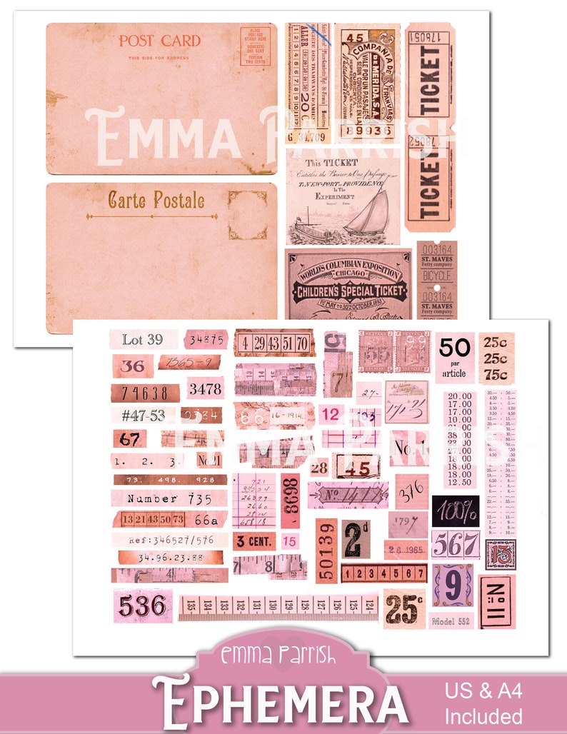 Pink Vintage Printable Ephemera Pack, Scraps, Junk Journal Kit Add On ...