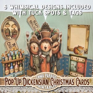 Può includere: Biglietti di Natale pop-up in stile dickensiano con disegni stravaganti. I biglietti presentano illustrazioni di personaggi dell'epoca vittoriana che brindano con calici di vino. I biglietti includono elementi decorativi come una cornice, un gatto che dorme e una cantinetta.