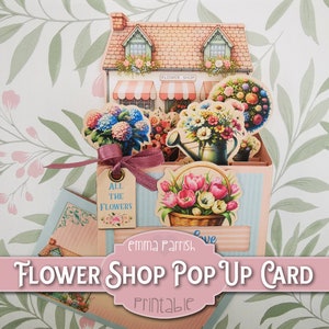 Pop Up Flower Shop Card, Cricut, PNG, Box Card Printable, Roses, Pink, Blue, Happy Mail, Card Making, Papercraft