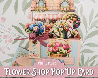 Pop Up Flower Shop Card, Cricut, PNG, Box Card Printable, Roses, Pink, Blue, Happy Mail, Card Making, Papercraft