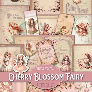 Cherry Blossom Fairy Printable Journal Kit, Sakura, Spring Flower Fairies Junk Journal Download, Floral Scrapbook, Collage, Fairy Clipart
