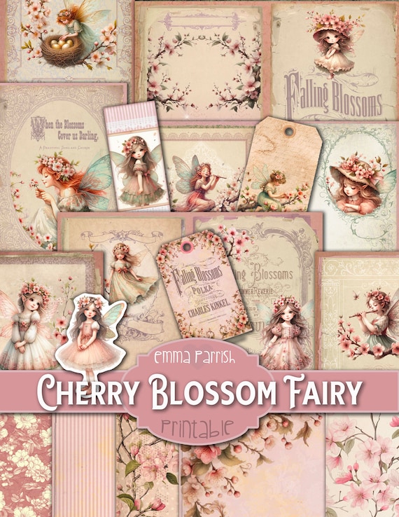 Cherry Blossom Fairy Printable Journal Kit, Sakura, Spring Flower Fairies Junk Journal Download, Floral Scrapbook, Collage, Fairy Clipart