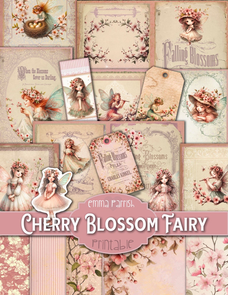 May include: Printable digital collage sheet featuring cherry blossom fairies, with the text "When the Blossoms Cover us Darling", "Falling Blossoms Polka", "Charles Kinkel", and "Emma Parrish Cherry Blossom Fairy Printable".