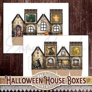 May include: Printable Halloween house boxes with spooky illustrations. Each house features a unique design, including a haunted house, a ghost, and a witch. The boxes are decorated with lace and the text "Trick & Treat".