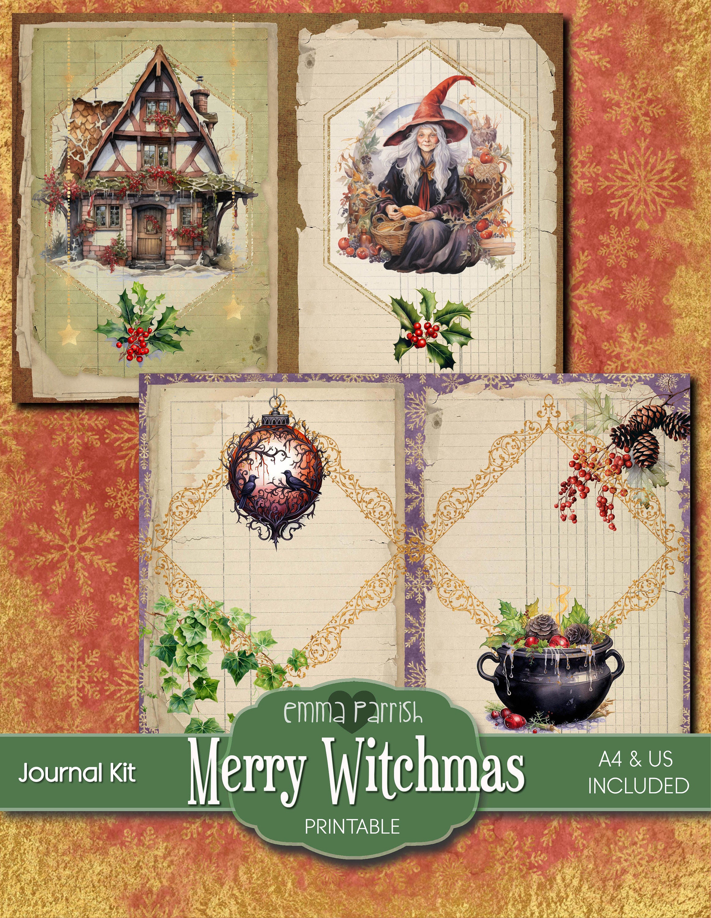 Shadowbook Christmas Witch Junk Journal Kit, Yule Witch, Journal Supplies, Witchy ...