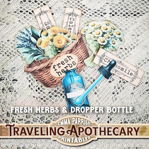 May include: A digital illustration featuring a blue dropper bottle, a basket of fresh herbs, and various botanical elements. The image includes the text "FRESH HERBS & DROPPER BOTTLE" and "TRAVELING APOTHECARY PRINTABLES".