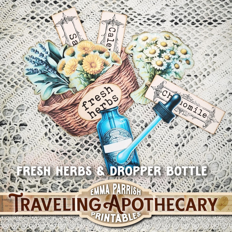 May include: A digital illustration featuring a blue dropper bottle, a basket of fresh herbs, and various botanical elements. The image includes the text "FRESH HERBS & DROPPER BOTTLE" and "TRAVELING APOTHECARY PRINTABLES".