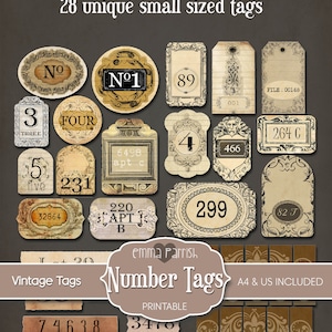 Vintage Number Label Tags, Numbers, Grunge, Number, Tags, Labels, junk Journal, Printable, Script, Ephemera, Scrapbook, Text, Collage Sheet
