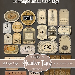 Vintage Number Labels, Junk Journal, Tags, Random Numbers