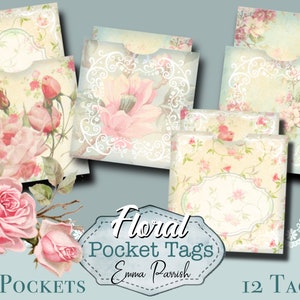 Etiquettes de poche imprimables Junk Journal, Enveloppe florale à imprimer, Fleurs shabby Chic sur papier à imprimer, Fabrication de cartes, Scrapbooking en téléchargement numérique