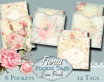 Junk Journal Printable Pocket Tags, Floral Printable Envelope, Shabby Chic Flowers Paper Printable, Card Making, Digital Download Scrapbook