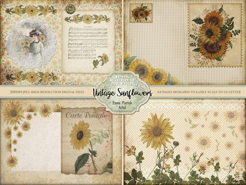 Junk Journal Vintage Sunflowers Digital Kit, Gingham Ephemera Scrapbook ...