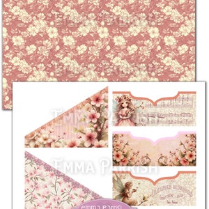 May include: A set of printable digital paper with a pink floral pattern and a fairy with cherry blossoms. The paper is designed for scrapbooking, card making, and other paper crafts. The paper includes the text "Cherry Blossom Fairy" and "Emma Parrish".