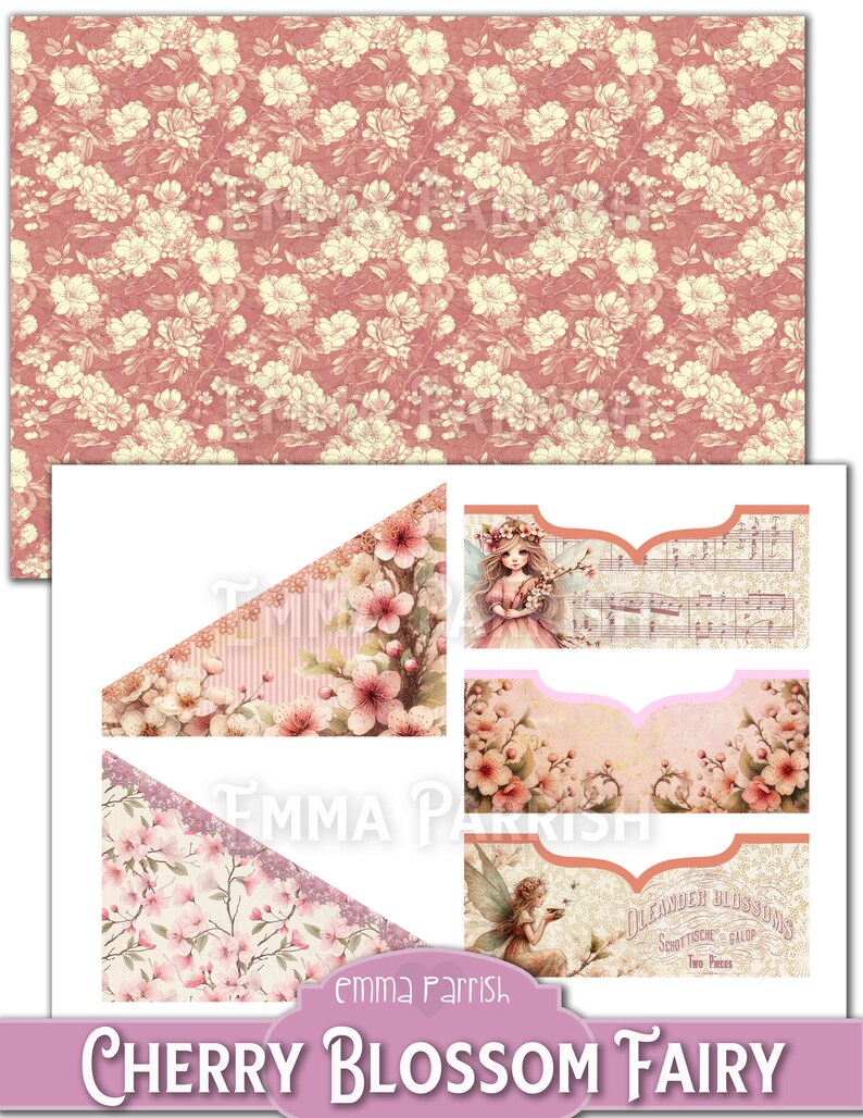 May include: A set of printable digital paper with a pink floral pattern and a fairy with cherry blossoms. The paper is designed for scrapbooking, card making, and other paper crafts. The paper includes the text "Cherry Blossom Fairy" and "Emma Parrish".