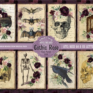 Vintage Gothic Printable, ACEO ATC Pagan Rose Junk Journal Card Making Tags, Embellishments, Witch Witchcraft Printable Instant Download