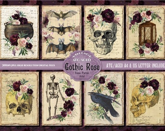 Vintage Gothic Printable, ACEO ATC Pagan Rose Junk Journal Card Making Tags, Embellishments, Witch Witchcraft Printable Instant Download