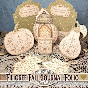 May include: A collection of paper craft items including a pumpkin, a pear, two leaves, and a candle-shaped card, all featuring intricate floral filigree patterns in soft beige and green tones, with text panels reading How beautifully leaves grow old.