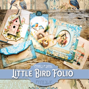 Little Bird Folio, Junk Journal Printable, Vintage Ephemera, Birdhouse Ephemera, Tags, Shabby Wallet, Birds, Fussy Cut, Digital Download