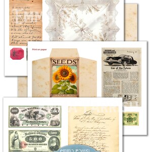 May include: A collage of vintage images including a handwritten recipe for "Hrotch", a seed packet featuring a sunflower, a vintage banknote, a page from a magazine about the "Car of the Future", a handwritten poem, and a vintage postage stamp.