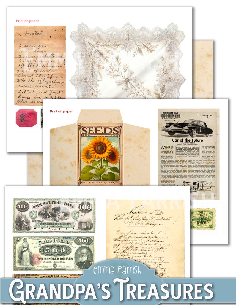 May include: A collage of vintage images including a handwritten recipe for "Hrotch", a seed packet featuring a sunflower, a vintage banknote, a page from a magazine about the "Car of the Future", a handwritten poem, and a vintage postage stamp.