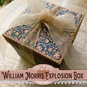 May include: A square box with a floral pattern and a brown ribbon tied in a bow. The box is labeled "William Morris Explosion Box Printable" and "Emma Parrish".