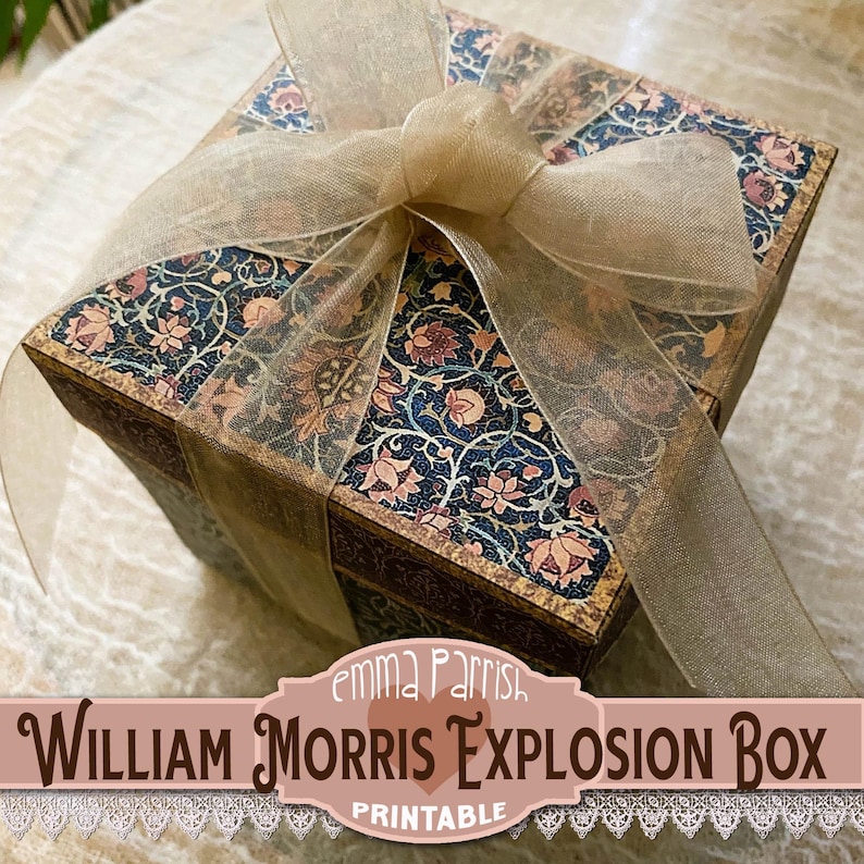 May include: A square box with a floral pattern and a brown ribbon tied in a bow. The box is labeled "William Morris Explosion Box Printable" and "Emma Parrish".