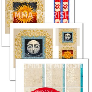 K&ouml;nnte beinhalten: Ein Satz druckbarer Tagebuchseiten mit Illustrationen der Sonne und des Mondes in verzierten goldenen Rahmen. Die Seiten sind f&uuml;r das Tagebuchschreiben, Scrapbooking oder andere kreative Projekte gedacht. Der Text "emma Parrish MAGIC! Journaling Folio" ist unten auf der Seite gedruckt.