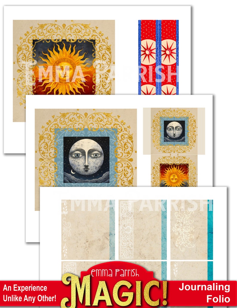 K&ouml;nnte beinhalten: Ein Satz druckbarer Tagebuchseiten mit Illustrationen der Sonne und des Mondes in verzierten goldenen Rahmen. Die Seiten sind f&uuml;r das Tagebuchschreiben, Scrapbooking oder andere kreative Projekte gedacht. Der Text "emma Parrish MAGIC! Journaling Folio" ist unten auf der Seite gedruckt.