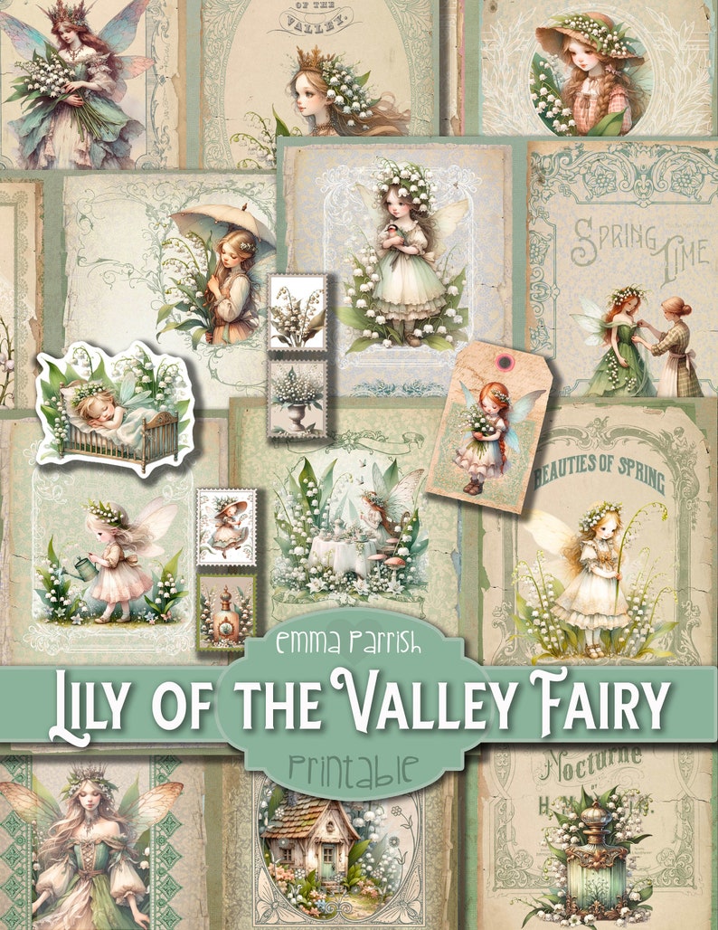 May include: A digital collage of printable images featuring fairies and lily of the valley flowers. The images are in a vintage style and feature delicate details. The text "Lily of the Valley Fairy Printable" is displayed in a banner at the bottom of the collage.