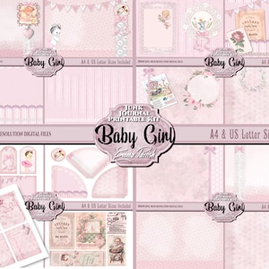 Kit de descarga digital imprimible de diario basura para niña, libro para bebé recién nacido, páginas de diario para bebé, descarga vintage rosa, papel para álbum de recortes, collage