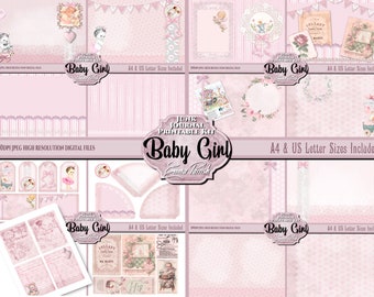 Baby Girl Junk Journal Printable Digital Download Kit, New Baby Book, Baby Journal pages, Pink Vintage Download, Scrapbook Paper, Collage