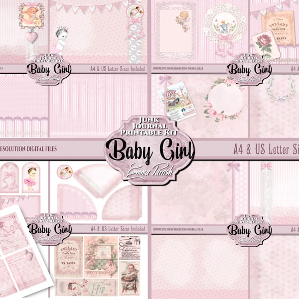 Baby Girl Junk Journal Printable Digital Download Kit, New Baby Book, Baby Journal pages, Pink Vintage Download, Scrapbook Paper, Collage