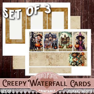 May include: Set of 3 printable Halloween themed waterfall cards. The cards feature illustrations of a skeleton, a haunted house, and a witch. The text on the cards reads "Sticky Fingers", "Tired Feet", "One Last House", and "Trick or Treat".