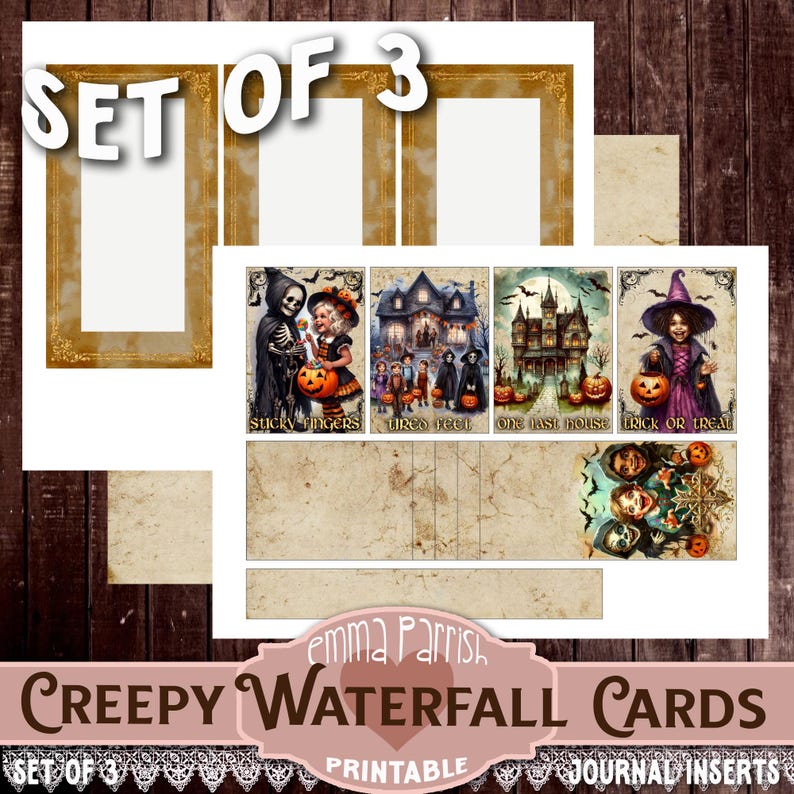 May include: Set of 3 printable Halloween themed waterfall cards. The cards feature illustrations of a skeleton, a haunted house, and a witch. The text on the cards reads "Sticky Fingers", "Tired Feet", "One Last House", and "Trick or Treat".