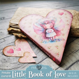 Pink Heart Junk Journal Kit, Mini Book, Love, Valentines, Watercolor, Fairy, Pastel, vintage, animals, birds, Digital, Printable, Cute Hygge