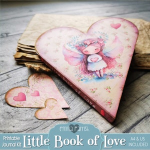 Pink Heart Junk Journal Kit, Minibuch, Liebe, Valentinstag, Aquarell, Fee, Pastell, Vintage, Tiere, Vögel, Digital, Druckbar, Süßes Hygge