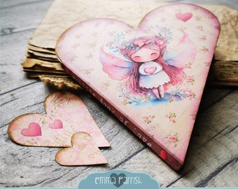 Pink Heart Junk Journal Kit, Mini Book, Love, Valentines, Watercolor, Fairy, Pastel, vintage, animals, birds, Digital, Printable, Cute Hygge