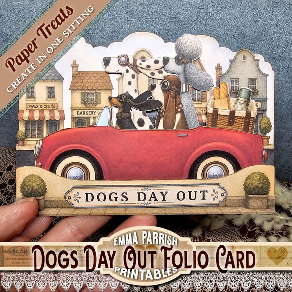 Dogs Day Out Printable Folio Card, Interactive Junk Journal Printables, Dog Paper Craft, Vintage Puppy Ephemera Kit