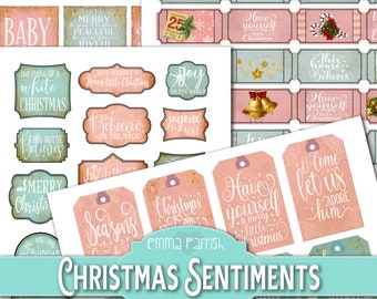 Printable Christmas Sentiments, Pink & Blue, Junk Journal, Card making, Tags, Labels, Tickets, Ephemera, Festive Holiday Embellishment