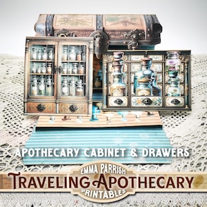 May include: Apothecary cabinet and drawers printables with a vintage aesthetic. The image features a cabinet with glass jars, a chest, and a display of apothecary bottles. The text reads "APOTHECARY CABINET & DRAWERS" and "TRAVELING APOTHECARY PRINTABLES".