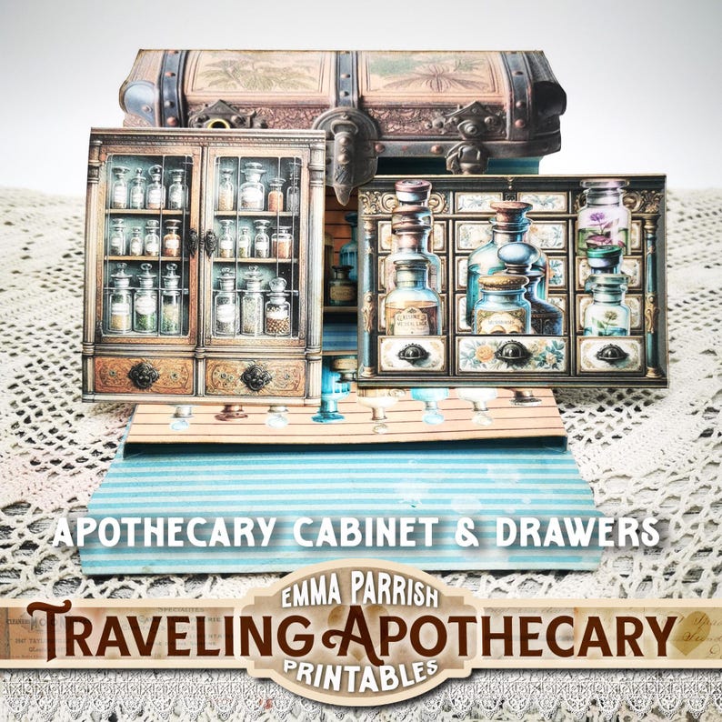 May include: Apothecary cabinet and drawers printables with a vintage aesthetic. The image features a cabinet with glass jars, a chest, and a display of apothecary bottles. The text reads "APOTHECARY CABINET & DRAWERS" and "TRAVELING APOTHECARY PRINTABLES".