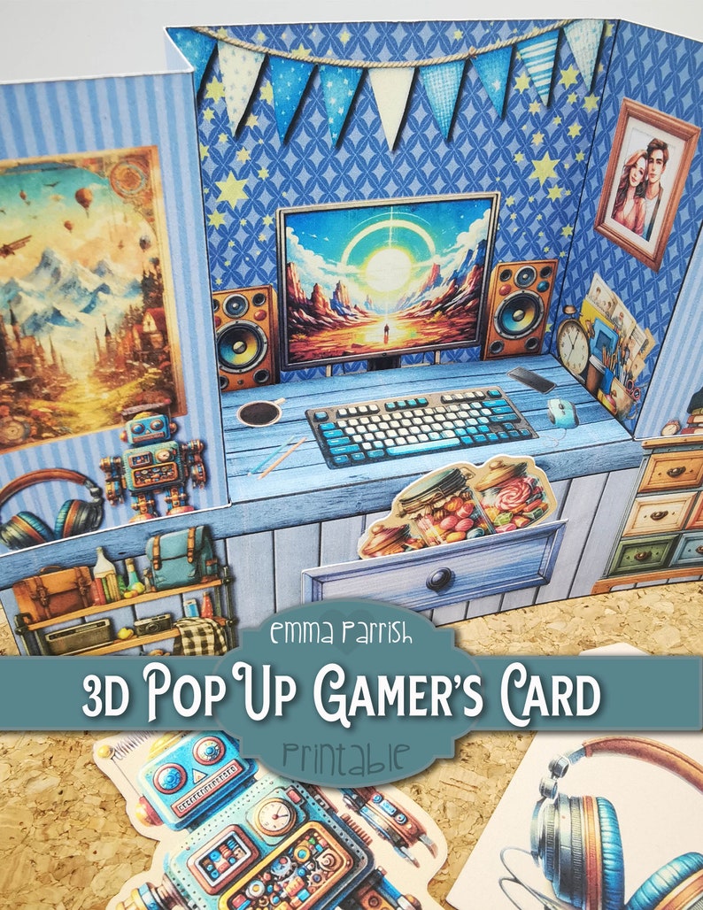 K&ouml;nnte beinhalten: Eine 3D-Pop-up-Karte mit einer Gaming-Zimmer-Szene, bestehend aus Computermonitor, Tastatur, Lautsprechern und einem Roboter. Die W&auml;nde sind mit blauem Muster-Tapete, Wimpeln und einem Portr&auml;t geschm&uuml;ckt. Zus&auml;tzliche Ausschnitte zeigen Roboter und Kopfh&ouml;rer.