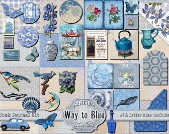 May include: A printable junk journal kit with a blue and white color scheme. The kit includes images of birds, flowers, butterflies, seashells, a teapot, a moon, and a whale. The text "Way to Blue" is printed on a blue and white label. The kit is available in A4 and letter sizes.