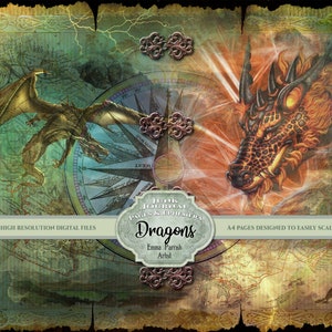 May include: Two dragons, one gold and one red, are featured on a vintage-style map with a compass in the center. The text "JUFIC JOURNAL PAGES & DIEMERA Dragons Emma Parrish Artist" is at the bottom of the image.