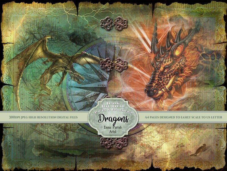May include: Two dragons, one gold and one red, are featured on a vintage-style map with a compass in the center. The text "JUFIC JOURNAL PAGES & DIEMERA Dragons Emma Parrish Artist" is at the bottom of the image.